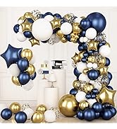 RUBFAC 176pcs Navy Blue Gold Balloons Arch Kit, Navy Blue Balloon Garland Metallic Gold White Con...