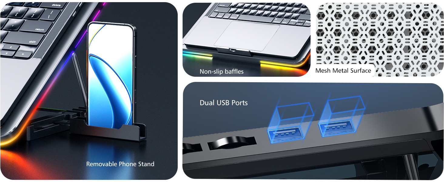 Laptop Fan Stand, 4 Modes RGB Light, 7 Height & Adjust Speed, 2 USB Port & Phone Holder 