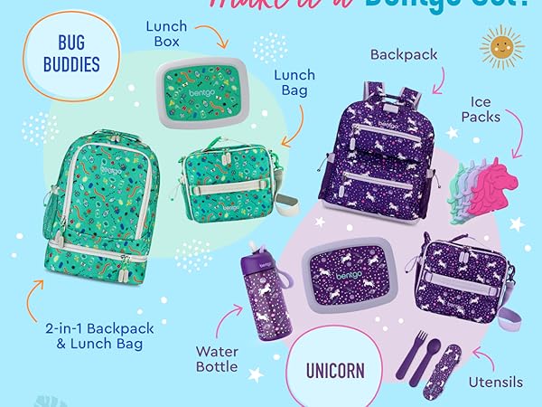 make it a bentgo set bundle mix and match backpack lunch box bag utensils water bottle ice packs