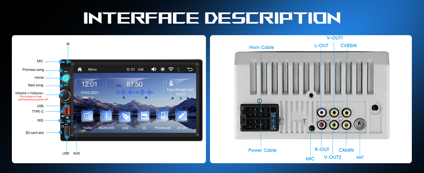 Double Din Car Stereo Bluetooth Wireless Carplay Android Auto-7 inch
