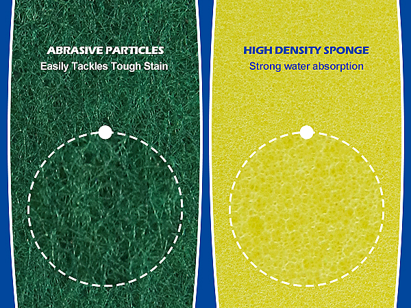 Two cleaning sponges side-by-side. Green sponge with abrasive particles for tough stains. Yellow high-density sponge for strong water absorption.