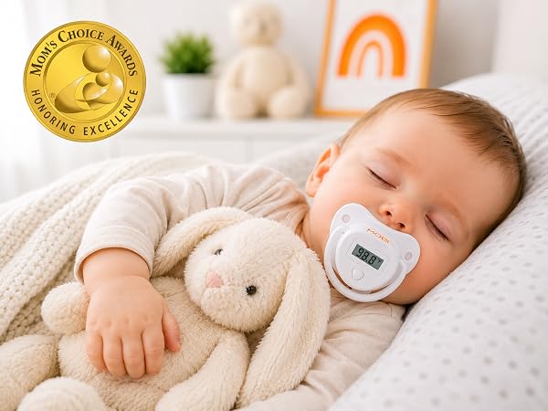 Sleeping baby using MOBI Pacifier Thermometer with Mom's Choice Award recognition