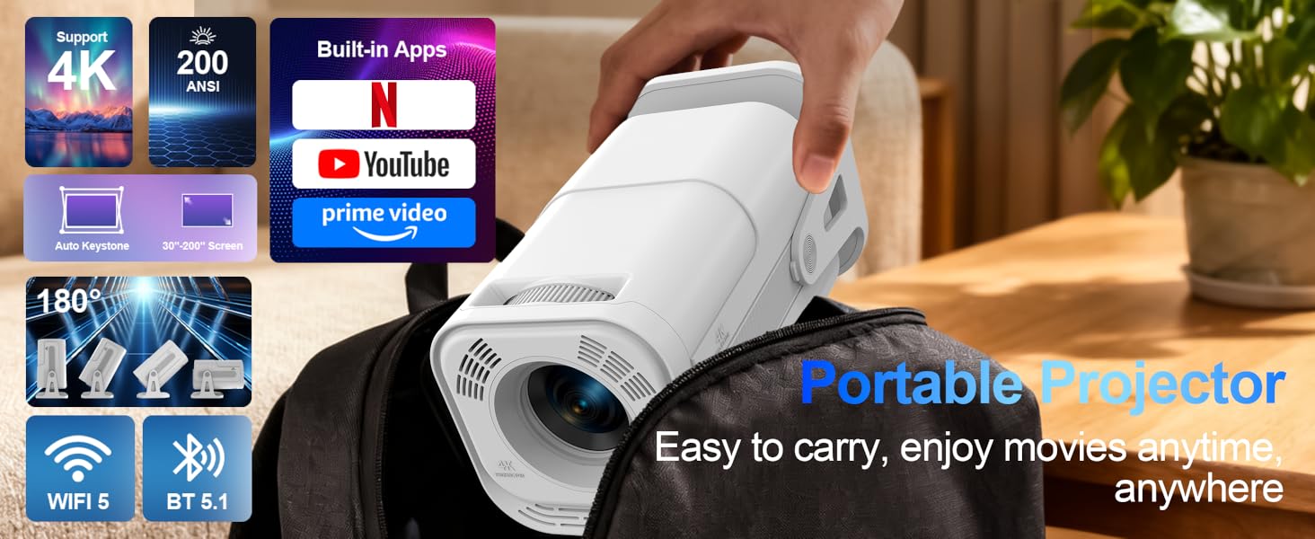 Built-in App Smart Portable Projector 4K Support