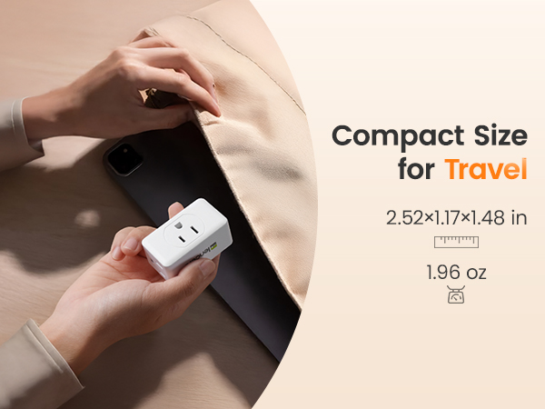 it has a compact design for travel and does not block adjacent outlets. 