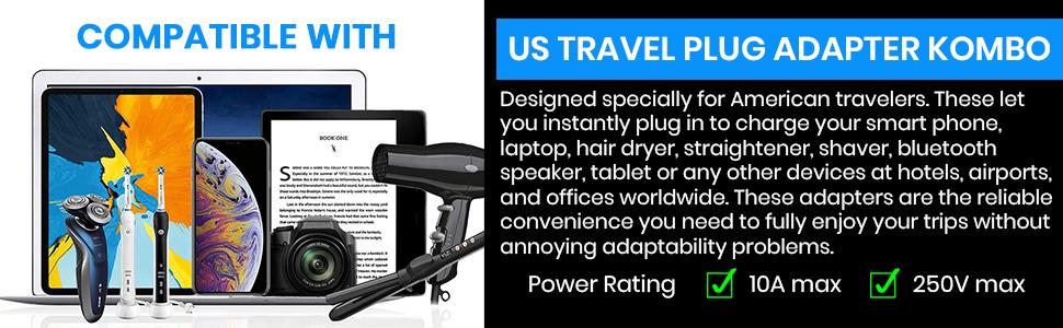 Compatible with US laptop smart phone hair dryer shaver blow dryer straightener bluetooth speaker 