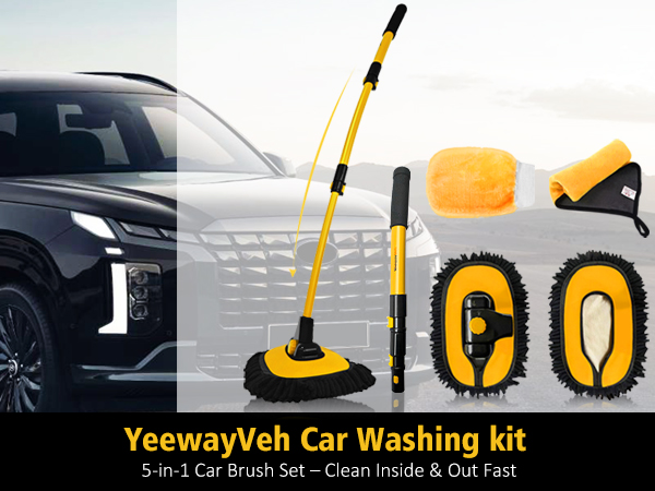 YeewayVeh Car Washing Kit featuring 5-in-1 brush set with yellow and black tools including extendable handle brush, sponges, and cleaning mitts for interior and exterior vehicle cleaning.