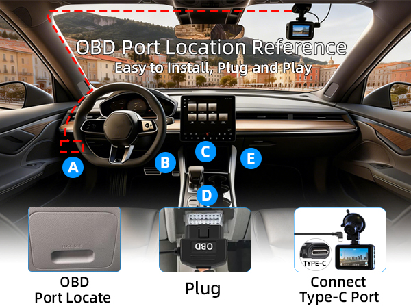 Dash Cam Hardwire Kit USB C, OBD2 to Type-C Adapter Hardwire Kit with 24/7 Parking Mode