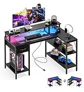 DUMOS 47” Gaming Desk with USB Charging Ports &amp; LED Lights, Reversible L Shaped Desks Computer Co...