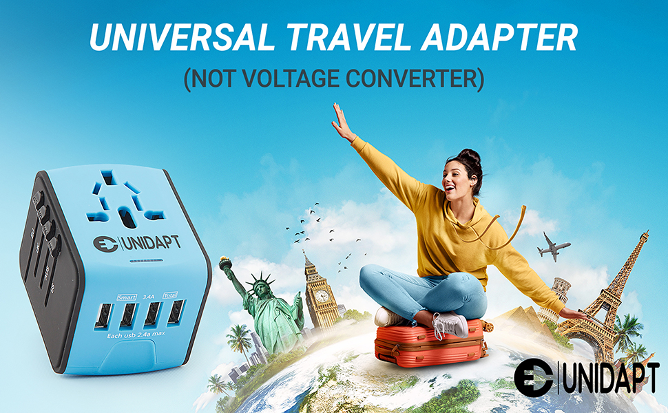 Universal Power travel adapter with 4 USB ports for travel to over 160 countries worldwide