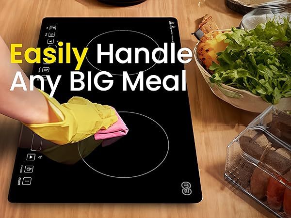 Double induction cooktop, easy to clean and perfect for large meals.