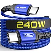 Blue and black 240W USB-C cable with braided nylon cord. Features strain relief connectors and '240W' printed on cable and connectors. Coiled presentation showcases cable length.