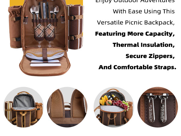 Picnic Backpack Bag Cooler Compartment Detachable Bottle Wine Holder Fleece Blanket Plates Cutlery