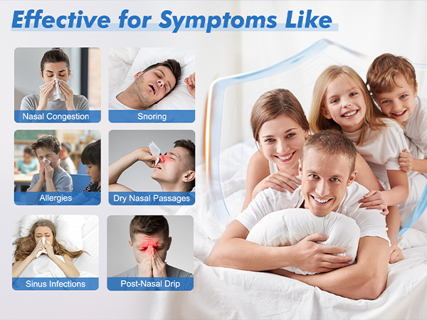 Medical symptom infographic showing six common conditions including nasal congestion, snoring, and allergies, with supporting imagery.