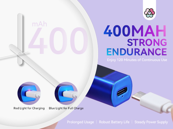 400mAh charging device with LED indicators showing red and blue light status, featuring USB-C connection and compact metallic blue housing.