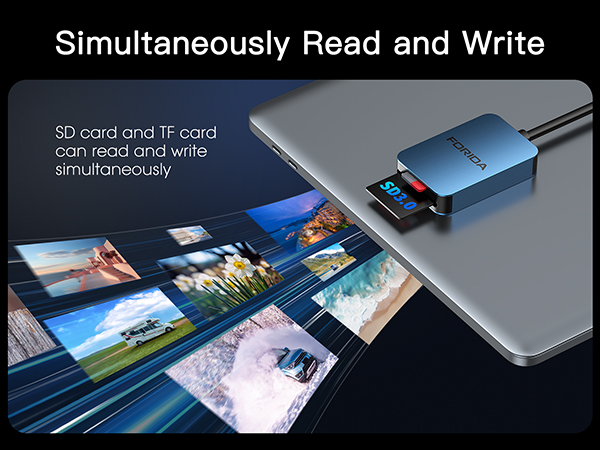Text reads 'Simultaneously Read and Write'. Product demonstration showing multiple SD cards and smartphones displaying photo transfer capabilities.