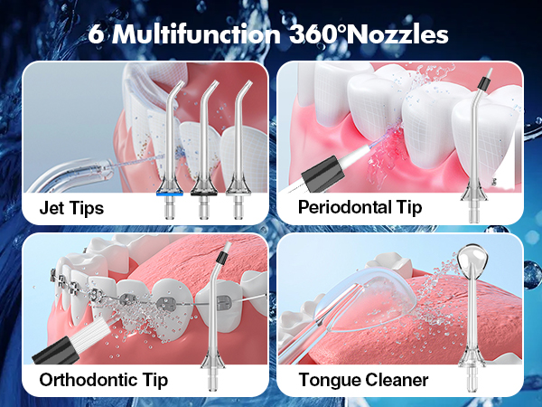 Dental water flosser with 6 multifunctional nozzles. Includes jet tips, periodontal tip, orthodontic tip, and tongue cleaner. Illustrated with dental models showing usage.