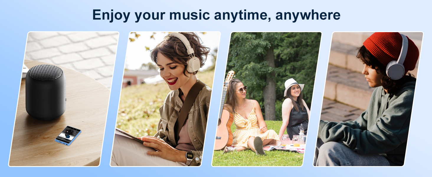 Portable speaker and headphones showcased in multi-panel image. Text reads 'Enjoy your music anytime, anywhere'. Various usage scenarios depicted.
