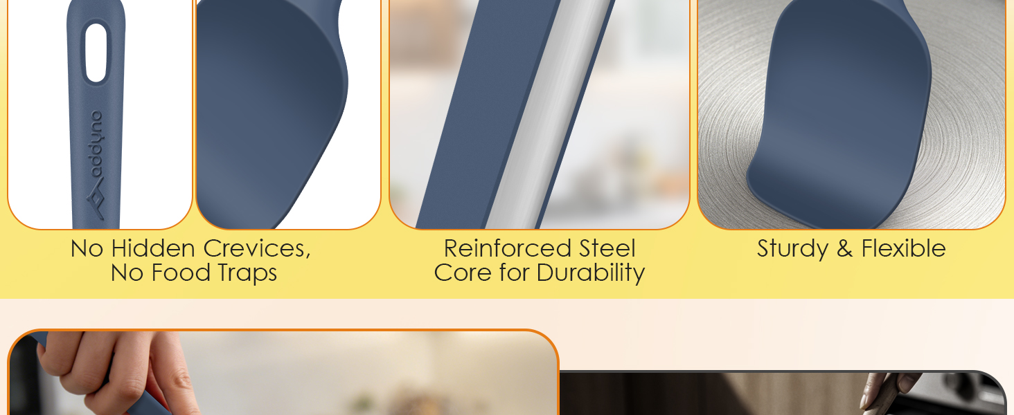 Silicone kitchen utensils with seamless design, reinforced steel core, and sturdy yet flexible heads