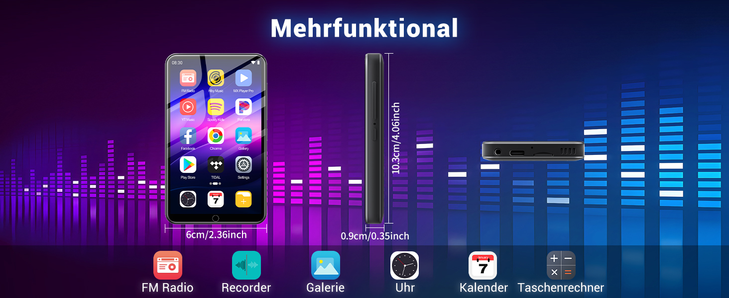 Text reads 'Mehrfunktional'. Digital interface display showing multiple icons and equalizer bars in purple and blue gradient background, representing audio or media controls.