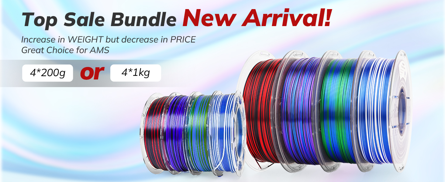 Silk PLA 3D Printer Filament Bundle, Shiny Multicolor Rainbow PLA Filament 1.75mm Fast Color Change 