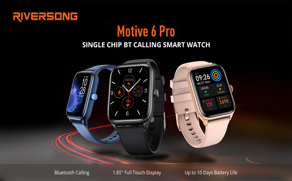 Riversong Motive 4 Pro smartwatch featuring 1.85" HD touch display, Bluetooth calling, and extended battery life. Shown in blue, black, and rose gold variants.