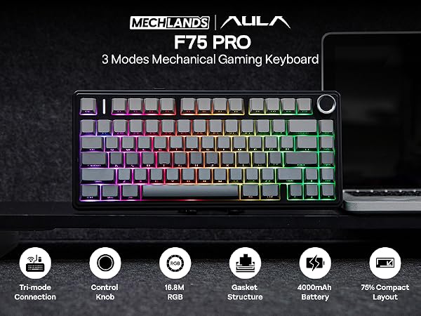 Mechlands Aula F75 Pro mechanical gaming keyboard with RGB backlighting. Features 75% compact layout, 3 modes, 18.8M RGB, gasket structure, and 4000mAh battery. Control knob visible.