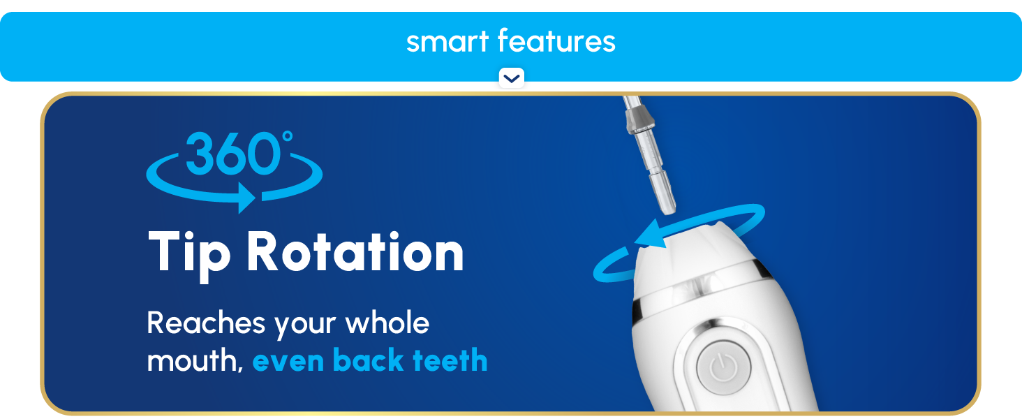 Image of Waterpik tooth flosser tip with text reading three hundred sixty tip rotation.
