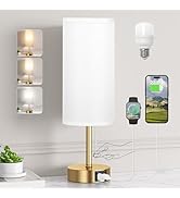 Gold Bedside Lamp for Bedroom Nightstand - Small Table Lamp with USB A + C Charging Port, 3 Color...