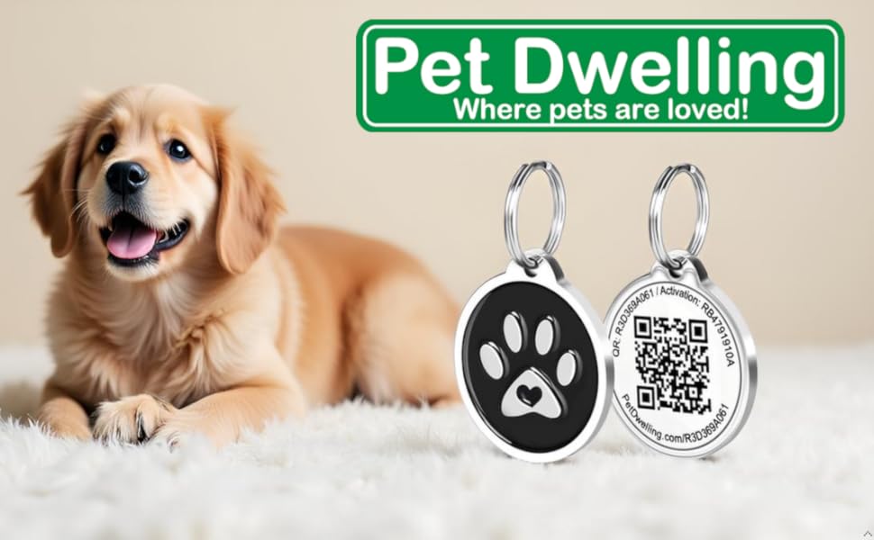 Pet Dwelling ID Tag, QR Dog Tag, Pet ID Tag, Black Paw, Dogs and Cats, QR Tag, Dog ID Tag, Cat Tag