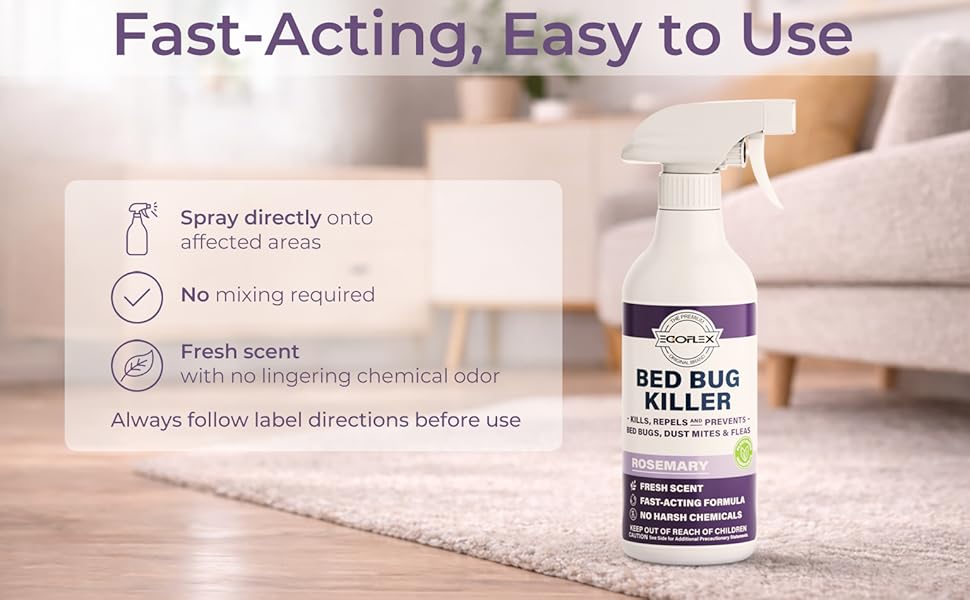 Fast-acting EGOFLEX Bed Bug Killer spray with fresh scent and no mixing required.