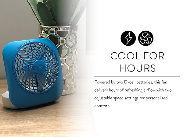 Blue Treva 5 inch desk fan on desk