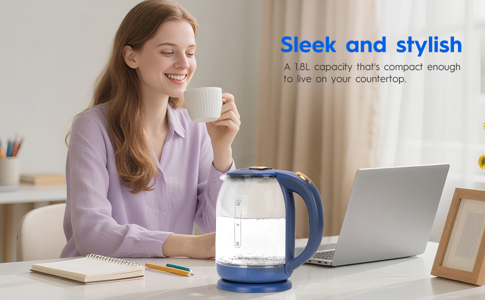 electric kettle with 1.8L capacity, compact countertop design.