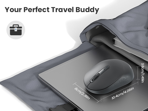 Text reads 'Your Perfect Travel Buddy'. Close-up of a grey mousepad or surface with a wireless mouse, emphasizing portability and travel-friendly design.