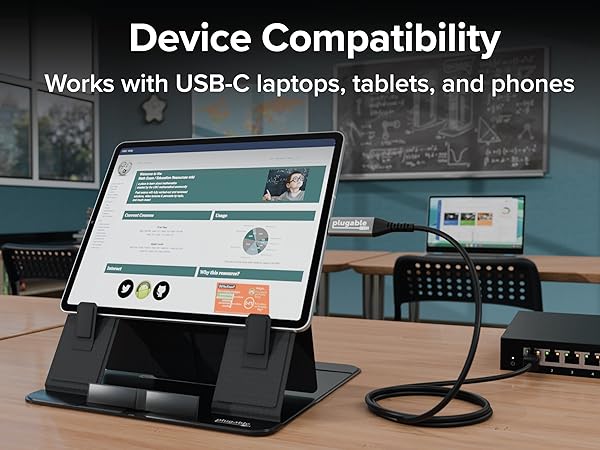 Plugable USBC to Ethernet adapter shown with tablet, highlighting USB-C device compatibility.