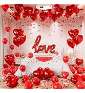 Valentines Day Decorations Set, Red Heart Balloons with Love Balloon, Fake Rose Petals and Red Co...