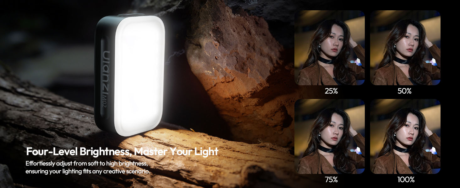 Text reads 'Four-Level Brightness Display Light'. Multiple panels showing brightness adjustment levels of a light device from 20% to 100% illumination.