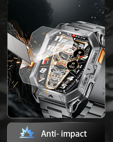 Rugged-looking metal wristwatch with an octagonal face. Sparks fly around the watch, suggesting durability. Text indicates 'Anti-impact' feature.