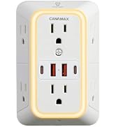 Wall Outlet Extender Night Light with 6 Outlets 4 USB Ports (5V, 2.4A,12W) | 3-Sided Power Strip ...