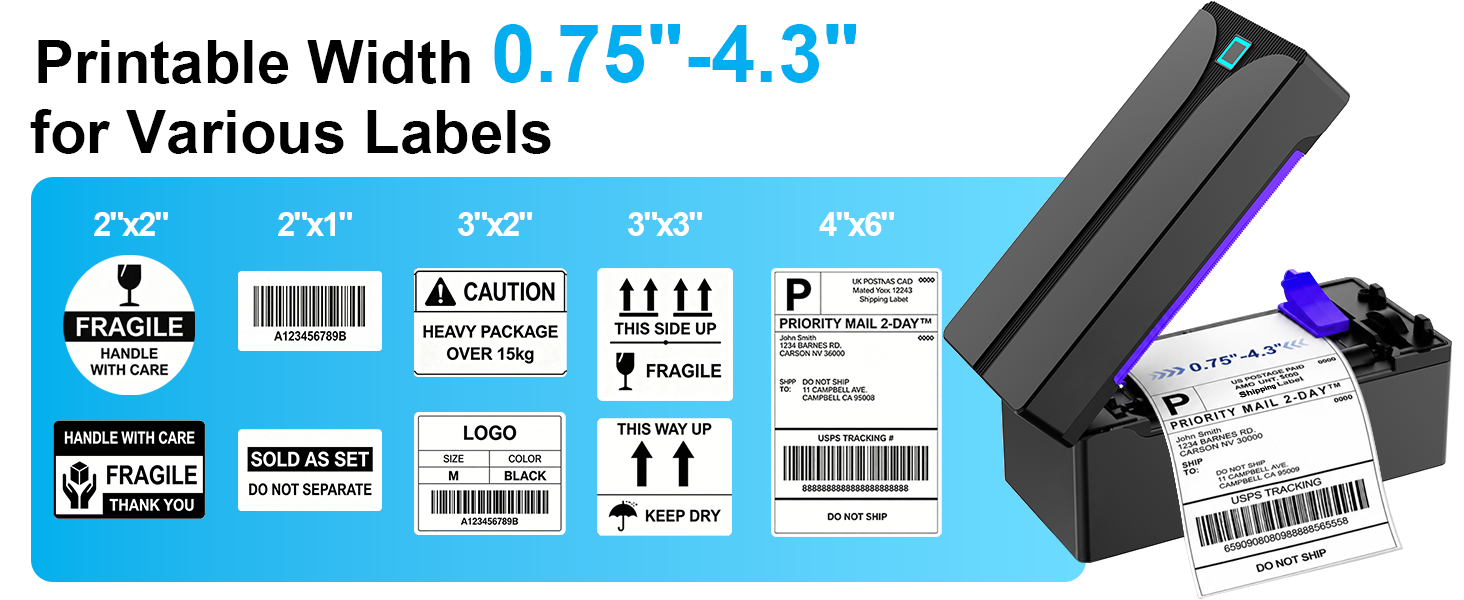 N40 4x6 shipping label printer support width 0.75-4.3 inches thermal labels, colored sticker labels