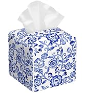 POIUBLE Leather Tissue Box Holder Watercolor Blue Flowers Tissue Box Cover Square Waterproof Tiss...