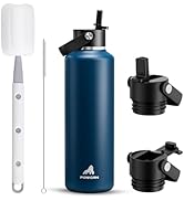 POWCAN 24 oz Water Bottle Insulated with 2 Lids, Straw &amp; Spout Lid, Cleaning Brush, Leakproof, Ke...