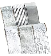 Ribbli Christmas Ribbon Wired Silver Christmas Tree Ribbon Glitter Christmas Wired Ribbons for Tr...