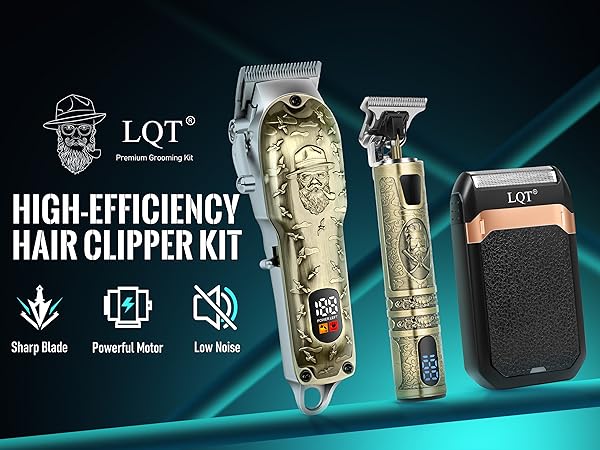 Text reads 'LQT HIGH-EFFICIENCY HAIR CLIPPER KIT' with icons showing 'Sharp Blade, Powerful Motor, Low Noise'. Professional hair clippers with ornate gold design patterns displayed against dark background with teal accent lighting.