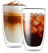 17oz Double Wall Glass Coffee Mugs Set of 2, Insulated Coffee Mug, Clear Borosilicate Glass Coffe...