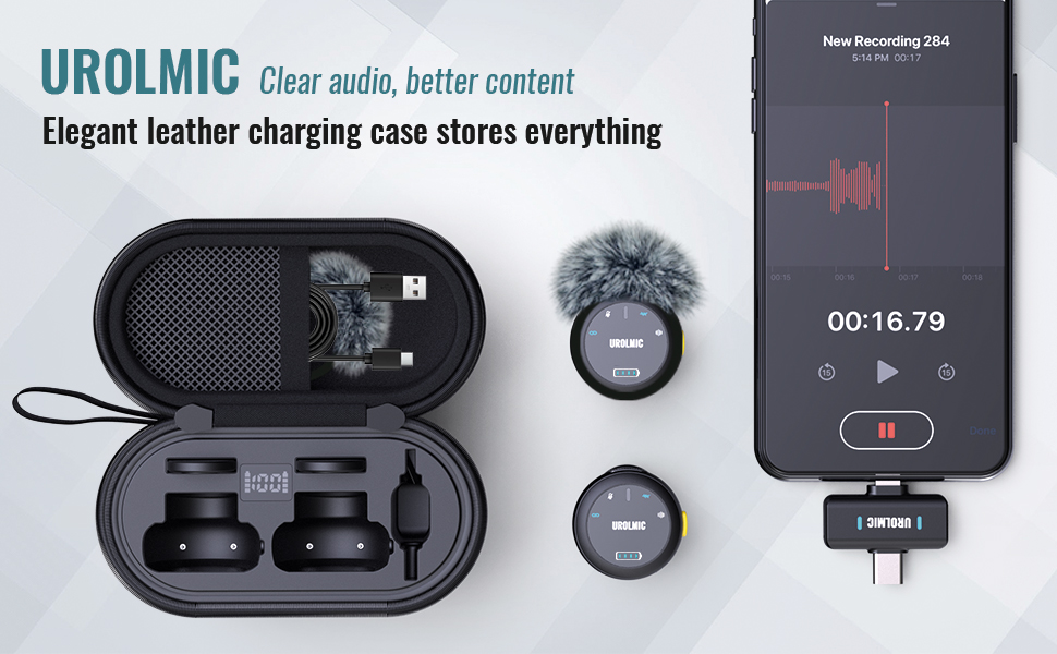 Text reads 'GROEMC' and 'Elegant leather charging case stores everything'. Product images show black wireless earbuds case with charging display, USB cable, and accessories.