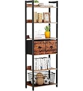Furologee 6-Tier Bookshelf, Tall Rustic Bookcase with 2 Drawers Storage Organizer, Industrial Dis...