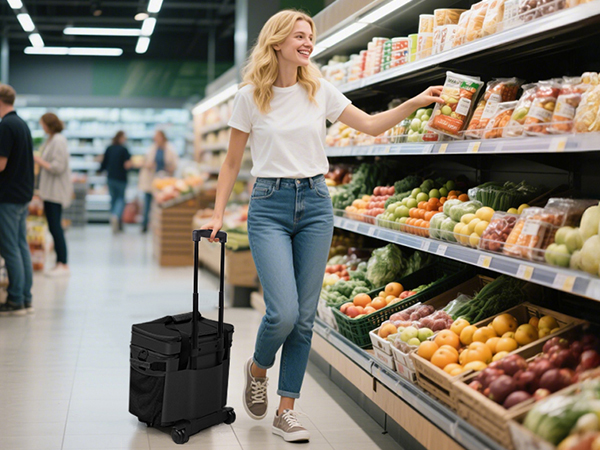 The rolling MIYCOO double layer cooler keeps frozen foods icy cold on the trip home.