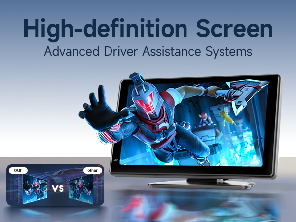 Text reads 'High-definition Screen' and 'Advanced Driver Assistance Systems'. Digital display screens showing blue glowing interface elements and automotive visualization graphics.