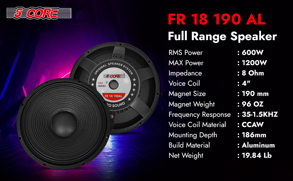 5 CORE 18 Inch Subwoofer Speaker 1Pc 1200W PMPO Raw Full Range Speaker 600W RMS