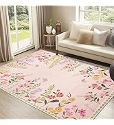 Mightree Pink Floral Area Rug 5x7 - Washable &amp; Ultra Soft for Living Room, Bedroom, Bedside Carpe...